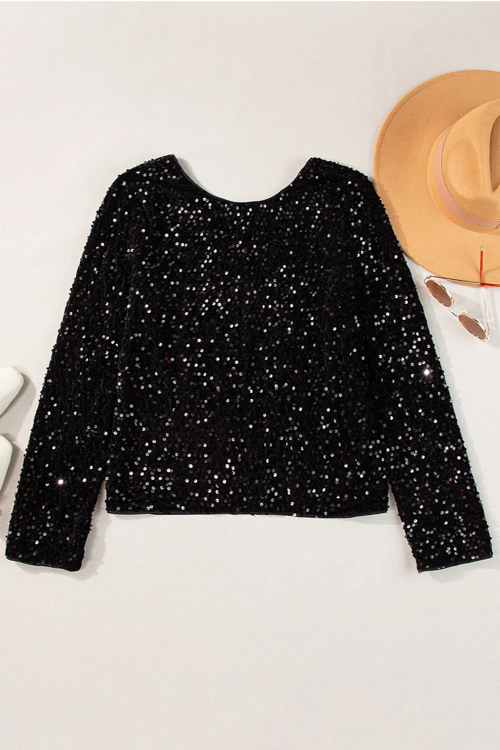 Sequin Round Neck Long Sleeve Blouse | Blouses Daverri Fashions