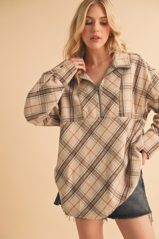 Aemi + Co Slit Plaid Half Zip Drop Shoulder Top