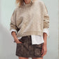 Daverri heart-patterned round neck beige knit sweater with textured pattern and ribbed cuffs
