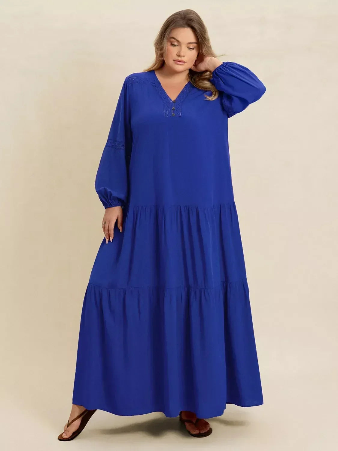 Plus Size Bohemian Tiered Maxi Dress with Balloon Sleeves - DAVERRI FASHIONS