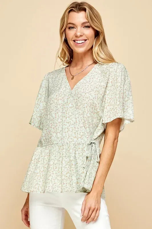 Lime 'N' Chili Ditsy Print V-Neck Short Sleeve Wrap Blouse - DAVERRI FASHIONS