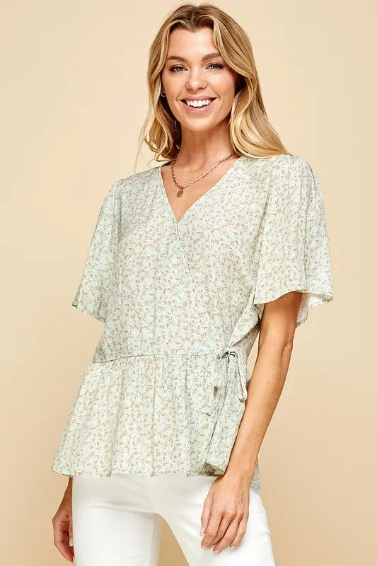 Lime 'N' Chili Ditsy Print V-Neck Short Sleeve Wrap Blouse