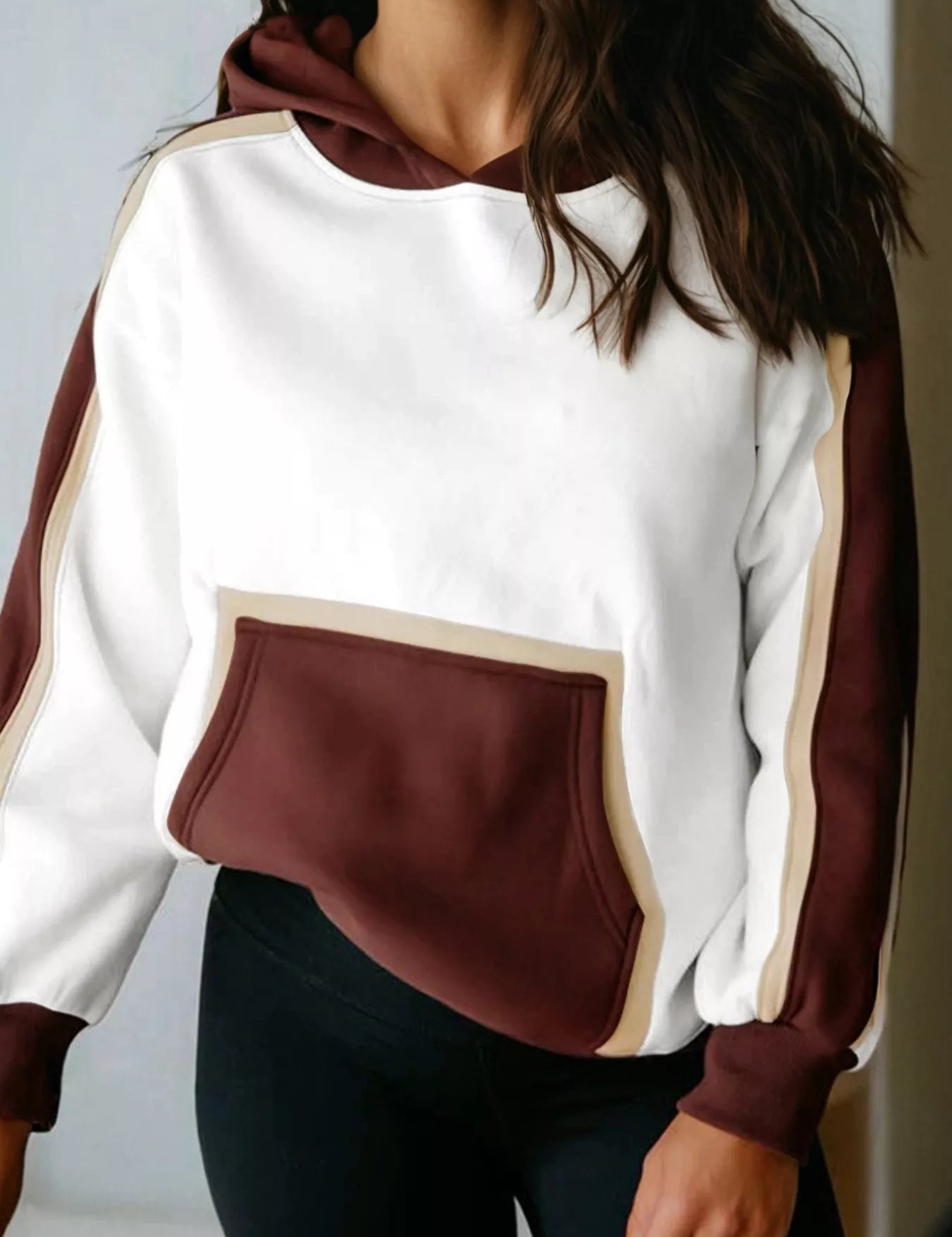 Color block patchwork hooded sweatshirt in cream and brown