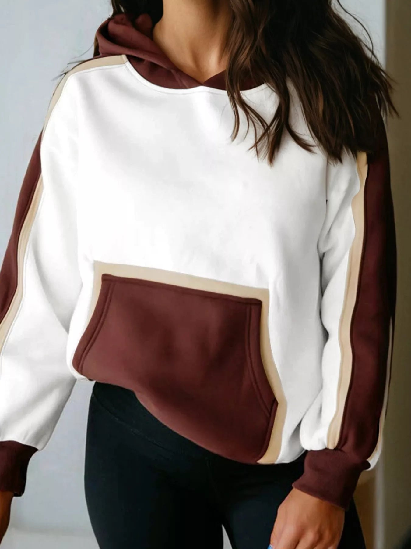 Color block patchwork hooded sweatshirt in cream and brown