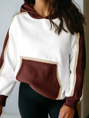 Color block patchwork hooded sweatshirt in cream and brown