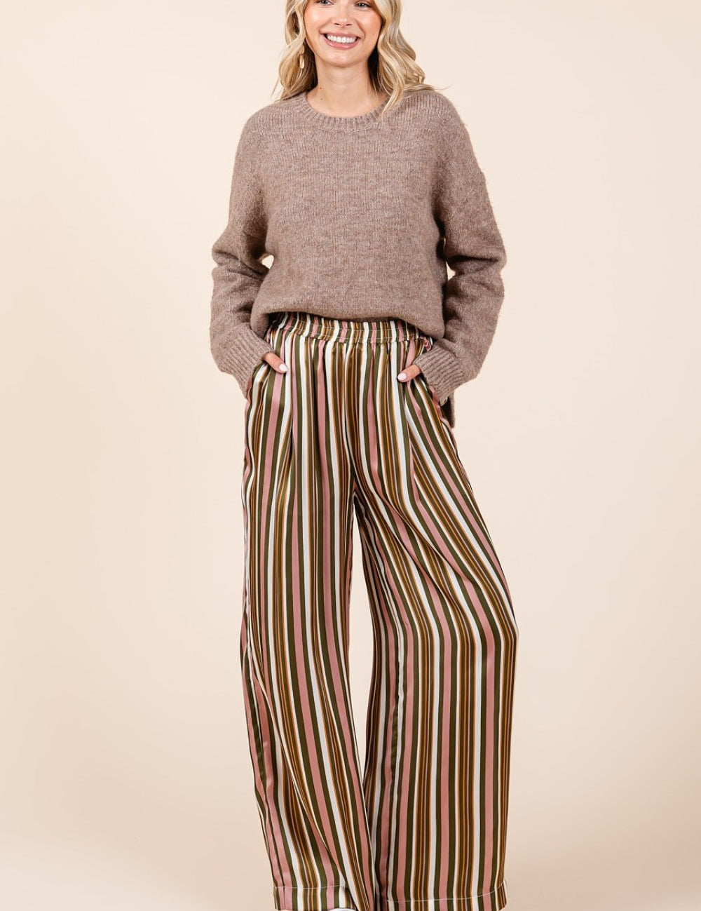 Mittoshop Striped Satin Elastic Waist Wide Leg Pants Mauve Multi