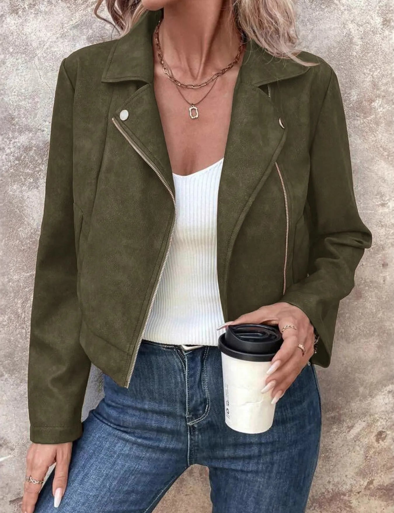 Green Zip Up Suede Cropped Moto Jacket | Jackets Daverri Fashions