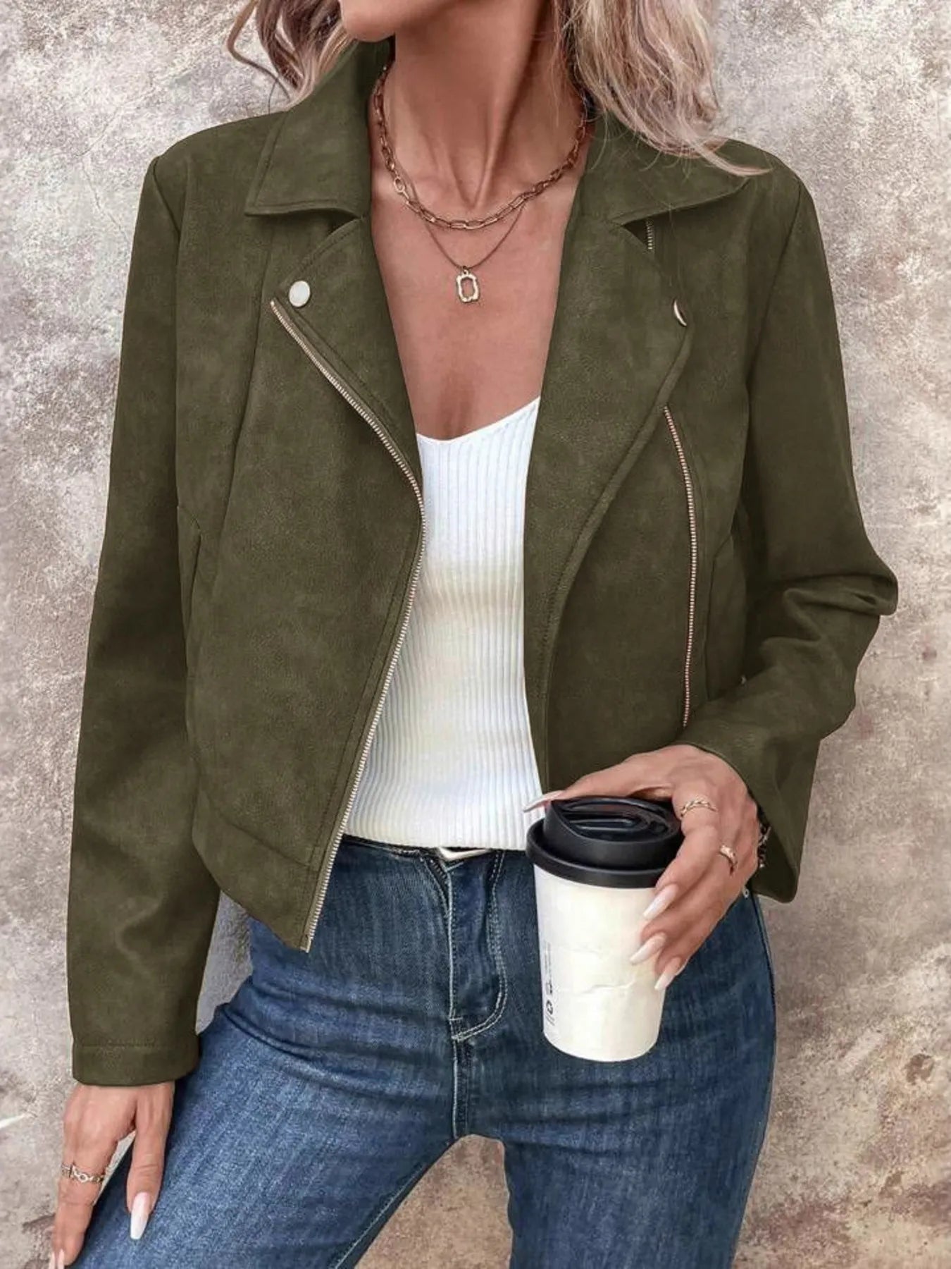 Green Zip Up Suede Cropped Moto Jacket | Jackets Daverri Fashions