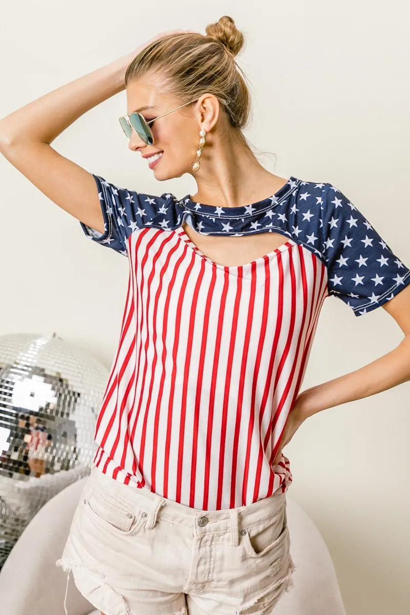 BiBi American Flag Theme Front Cut Out Top Tops