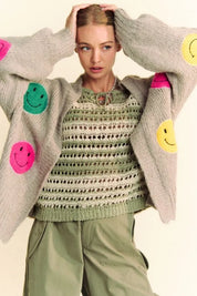 Gray Davi & Dani Fuzzy Smile Open Front Long Sleeve Cardigan | Cardigans Daverri Fashions