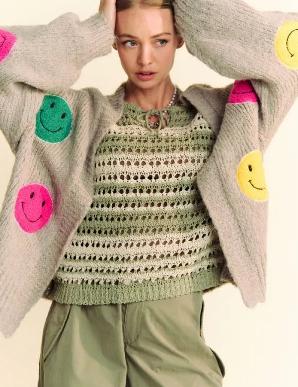Gray Davi & Dani Fuzzy Smile Open Front Long Sleeve Cardigan | Cardigans Daverri Fashions