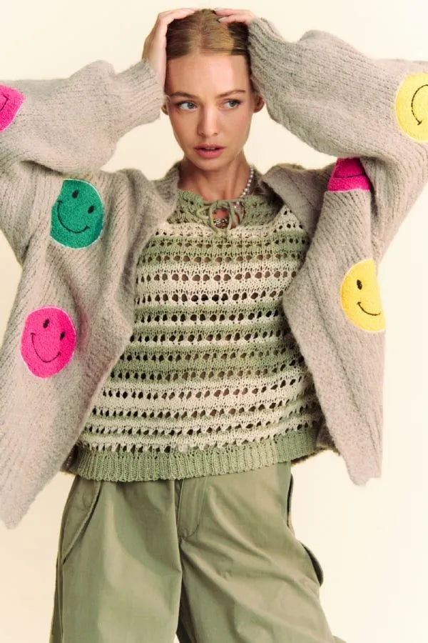 Gray Davi & Dani Fuzzy Smile Open Front Long Sleeve Cardigan | Cardigans Daverri Fashions