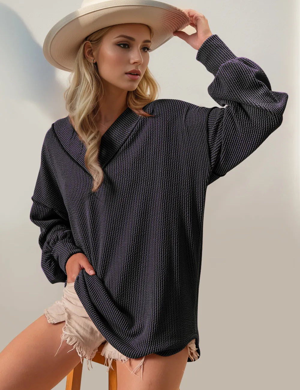 Double Take Exposed Seam Ribbed Textured V-Neck Long Sleeve T-Shirt | T-Shirts Daverri Fashions