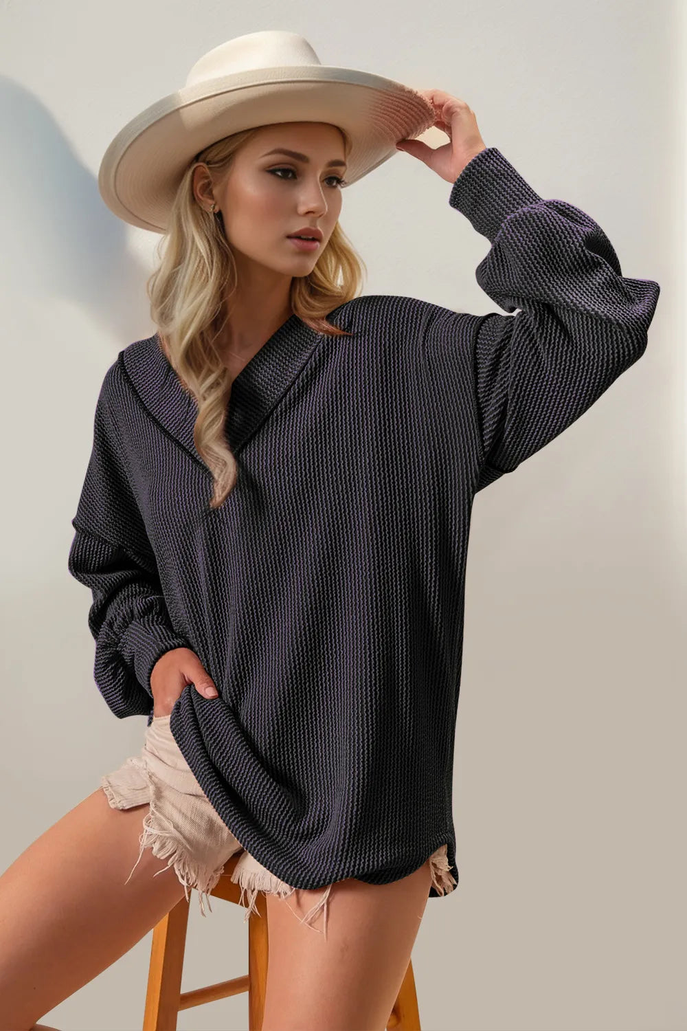 Double Take Exposed Seam Ribbed Textured V-Neck Long Sleeve T-Shirt | T-Shirts Daverri Fashions