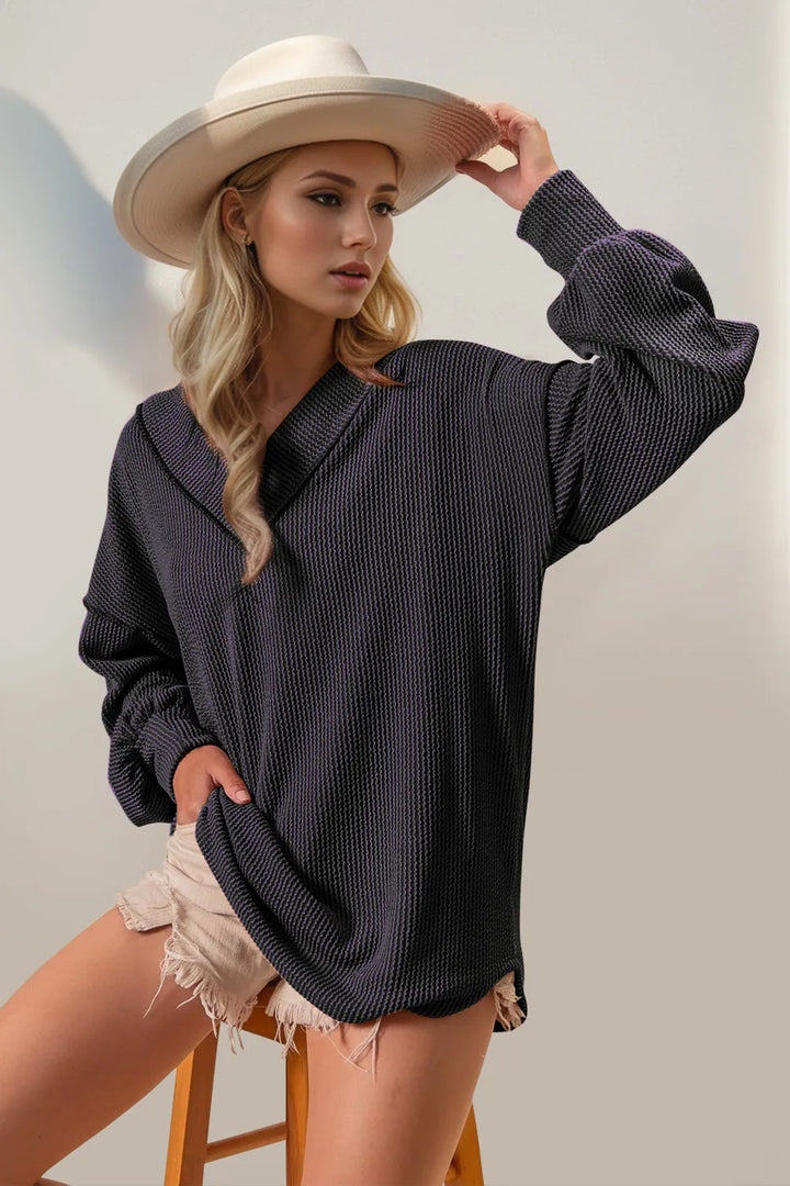 Double Take Exposed Seam Ribbed Textured V-Neck Long Sleeve T-Shirt | T-Shirts Daverri Fashions