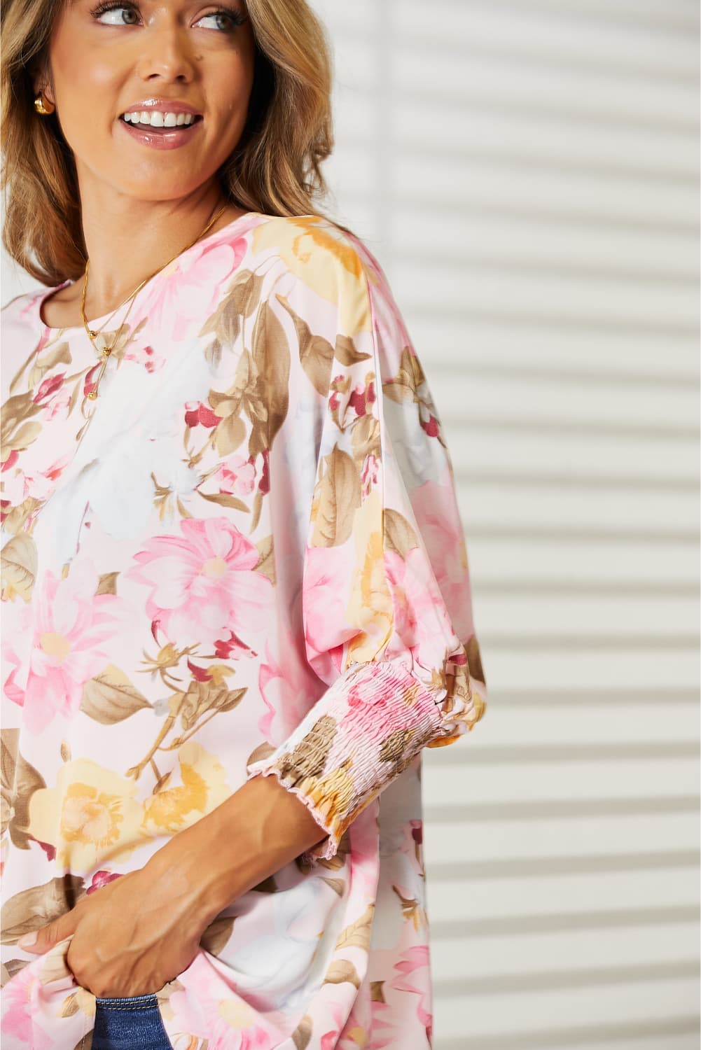 Double Take Floral Round Neck Three-Quarter Sleeve Top Tops