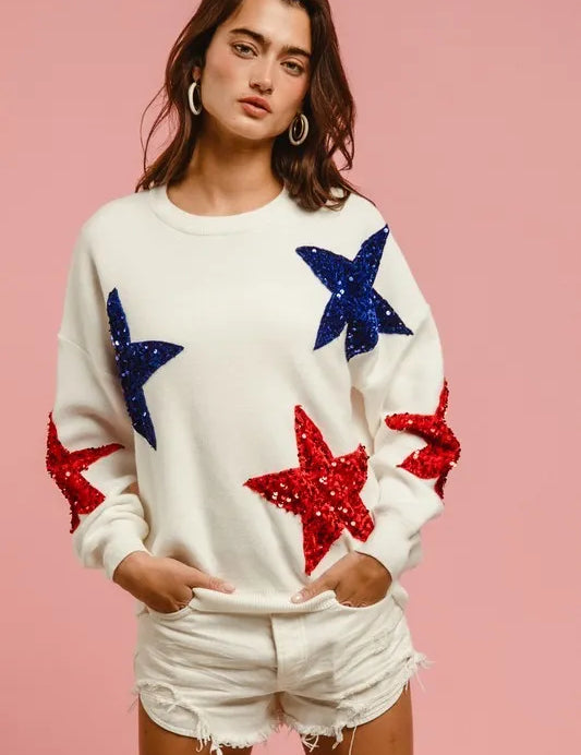BiBi Velvet Sequin Star Patches Sweater Top | Sweaters Daverri Fashions