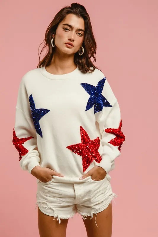 BiBi Velvet Sequin Star Patches Sweater Top | Sweaters Daverri Fashions