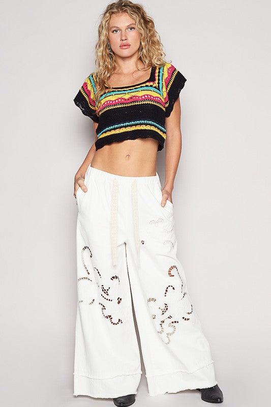 POL Openwork Ethnic Pattern Square Neck Cropped Knit Top Tops