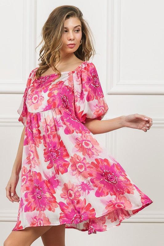 BiBi Floral Square Neck Puff Sleeve Mini Dress - DAVERRI FASHIONS