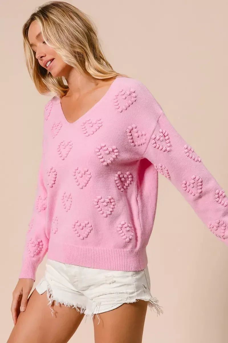 BiBi Valentines Heart Pompom V Neck Knit Top - DAVERRI FASHIONS