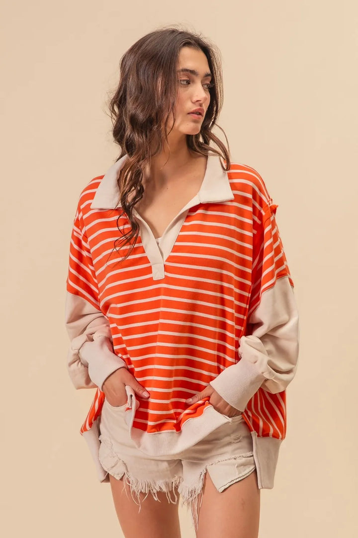BiBi Stripe Knit Loose Fit Top With Cut Edge Detail Tops