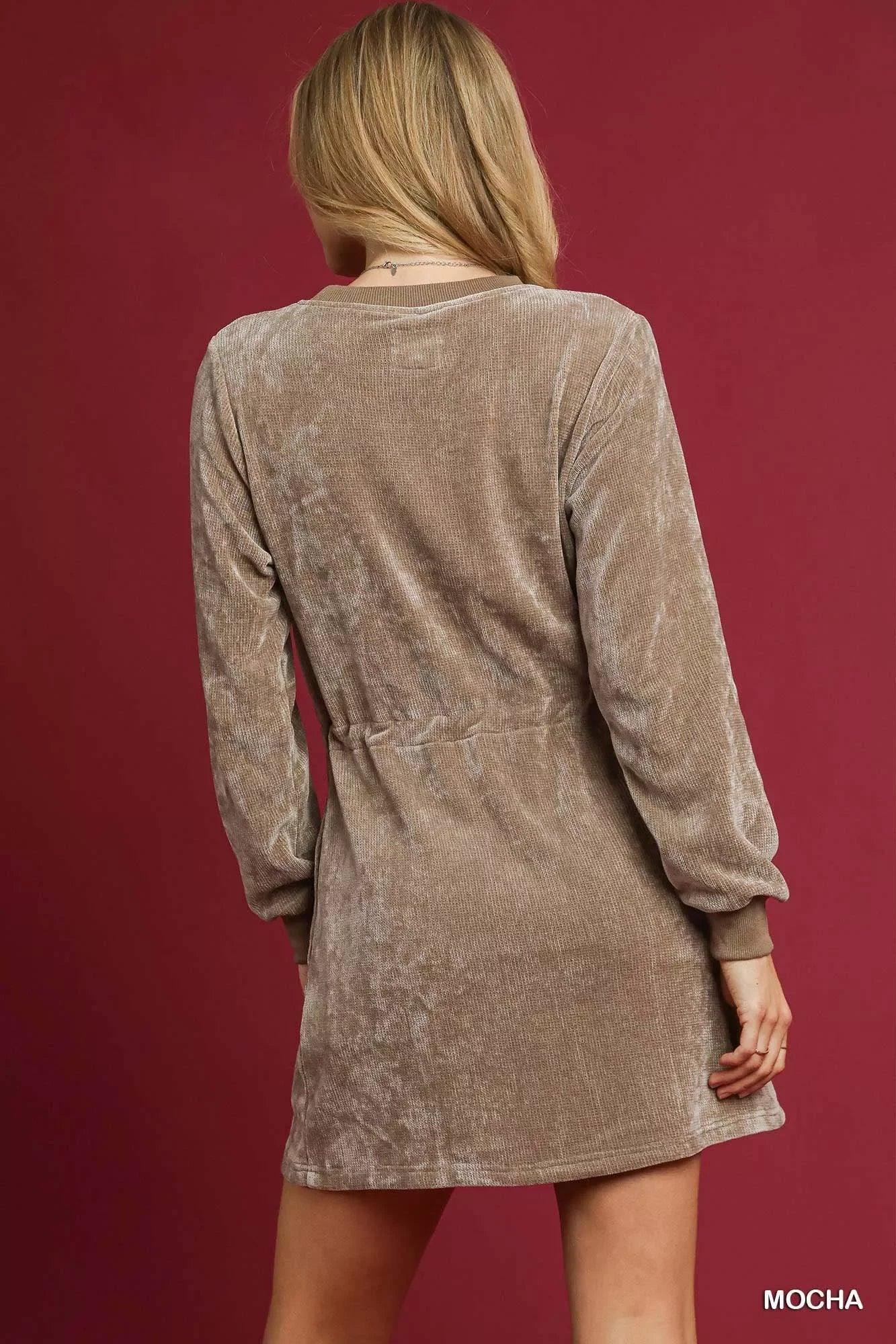 Umgee Velour Drawstring Mini Dress with Long Sleeves - DAVERRI FASHIONS