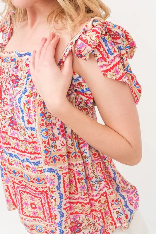And The Why Ruffled Neck Tied Strap Boho Printed Swing Top Tops