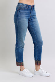 Judy Blue Full Size Plaid Print Cuff Straight Leg Jeans with Pockets | Daverri Fashions