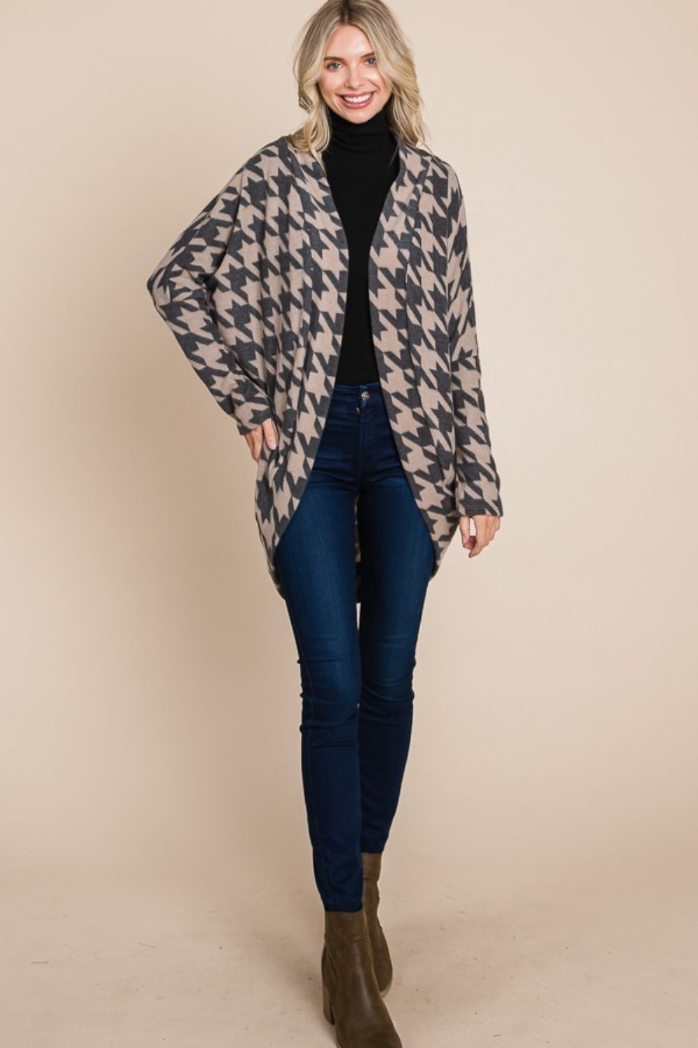 BOMBOM Houndstooth Open Front Cocoon Knit Cardigan | Cardigans Daverri Fashions