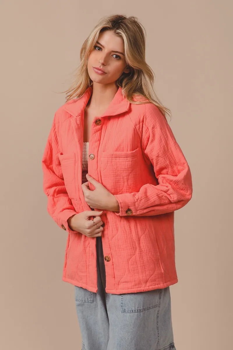 BiBi Quilted Wrinkle Gauze Long Sleeve Shacket Shackets