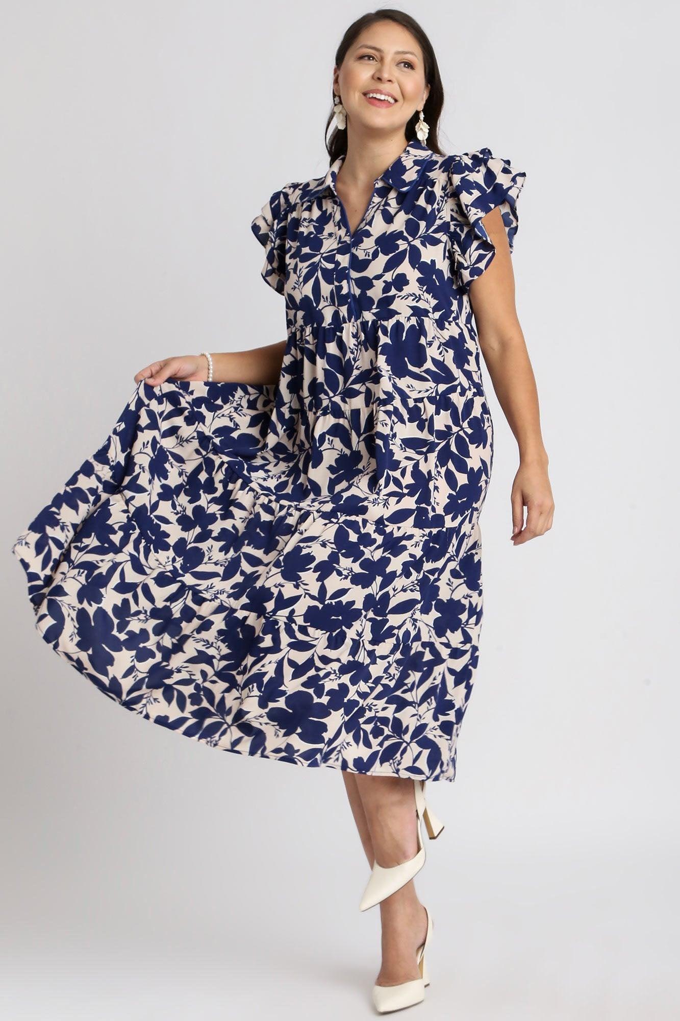 Umgee Full Size Floral Collared Ruffle Cap Sleeve Midi Dress Plus Size Mid Dresses
