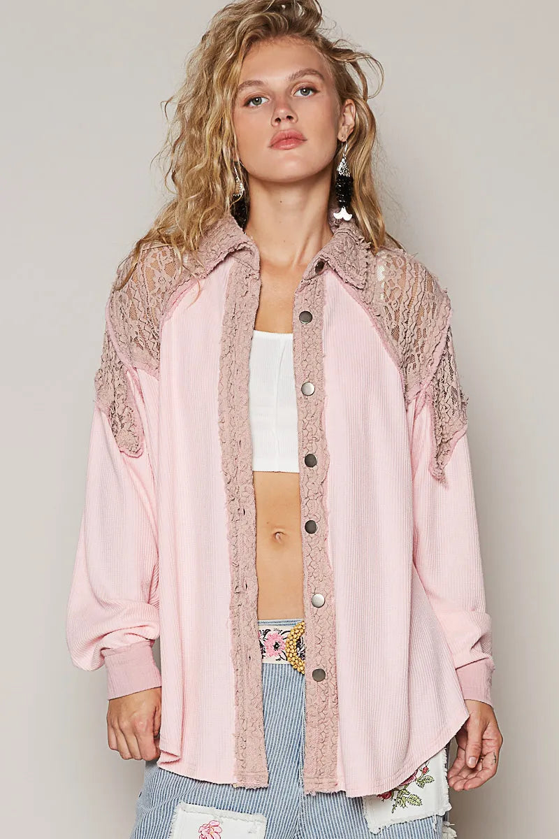 Blush Pink M POL Lace Patchwork Button Up Shacket | Daverri Fashions