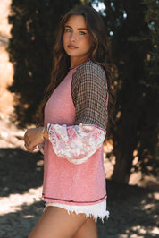 Fushia Mixed Print Raglan Sleeve Ribbed Knit Patchwork Blouse | Blouses Daverri Fashions