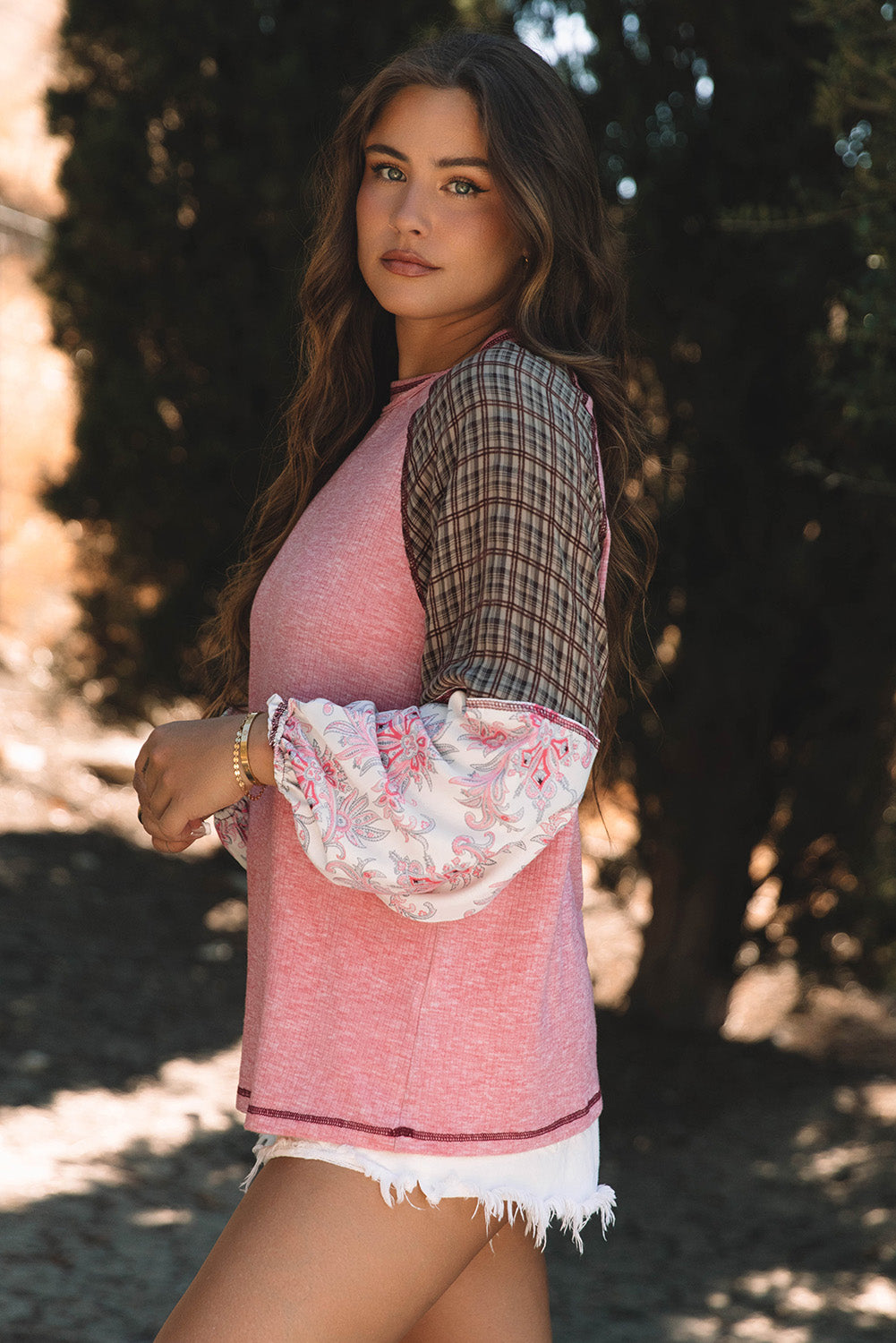 Fushia Mixed Print Raglan Sleeve Ribbed Knit Patchwork Blouse | Blouses Daverri Fashions