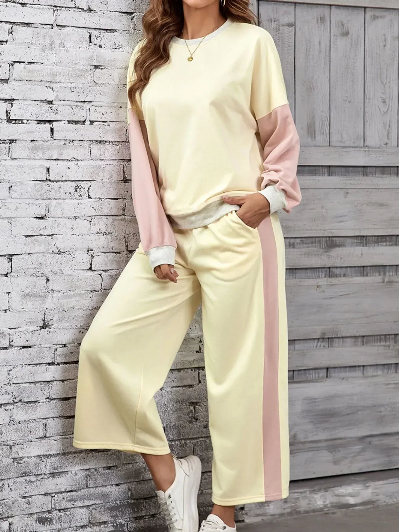 Color Block Round Neck Top and Pants Set - DAVERRI FASHIONS
