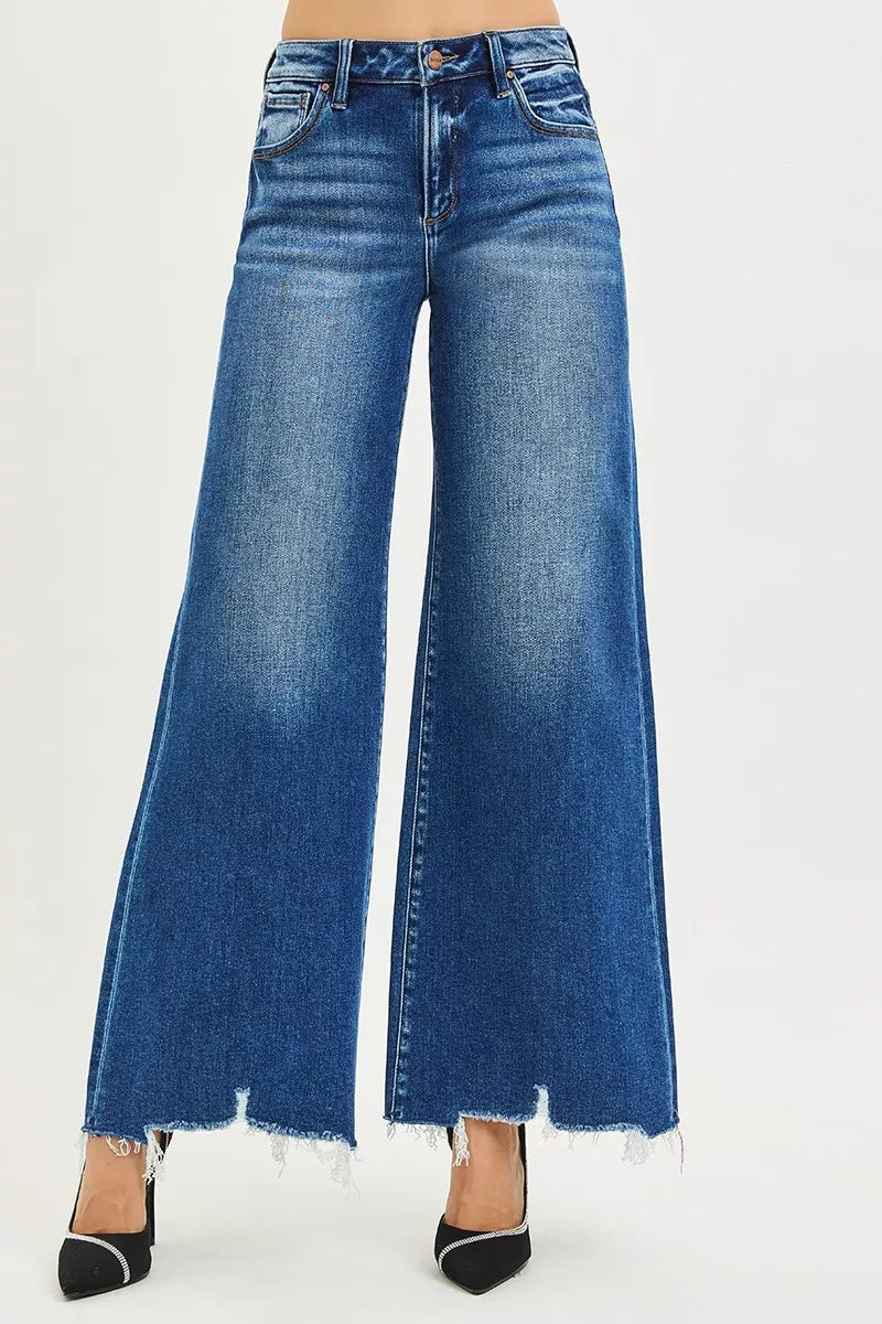 RISEN high-rise wide-leg blue denim jeans with frayed hem