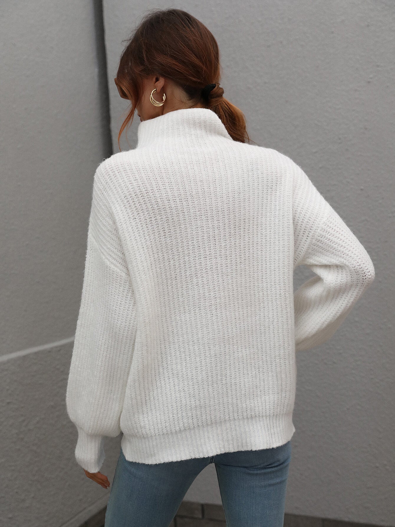 Daverri high neck balloon sleeve rib-knit pullover sweater in white