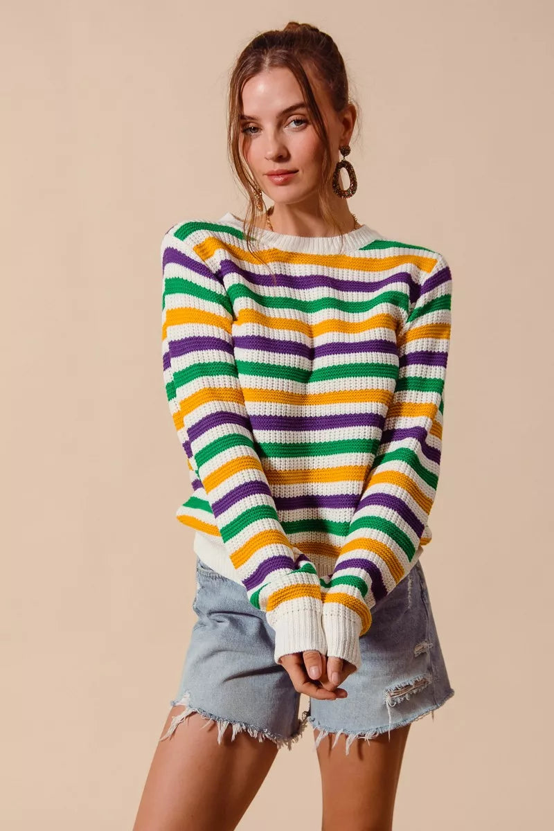 SO ME Mardi Gras Color Stripe Knit Sweater Top in vibrant green, yellow, purple, white stripes
