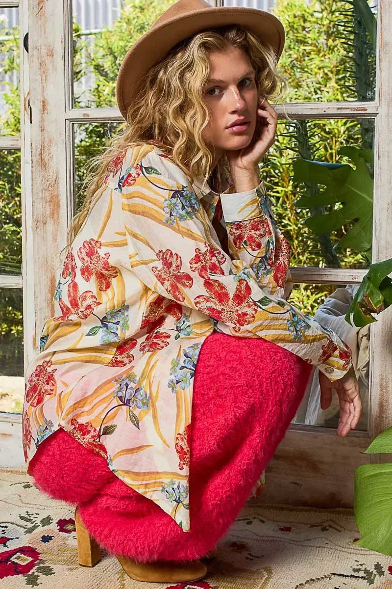 POL Floral Print Button Down Long Sleeve Shirt - DAVERRI FASHIONS
