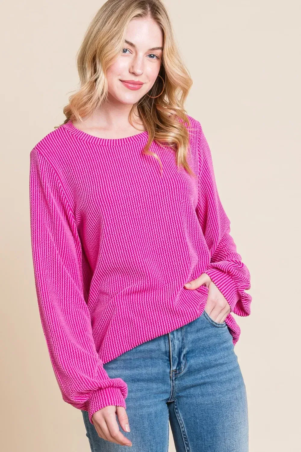 BOMBOM Long Sleeve Curved Hem Ribbed T-Shirt - DAVERRI FASHIONS