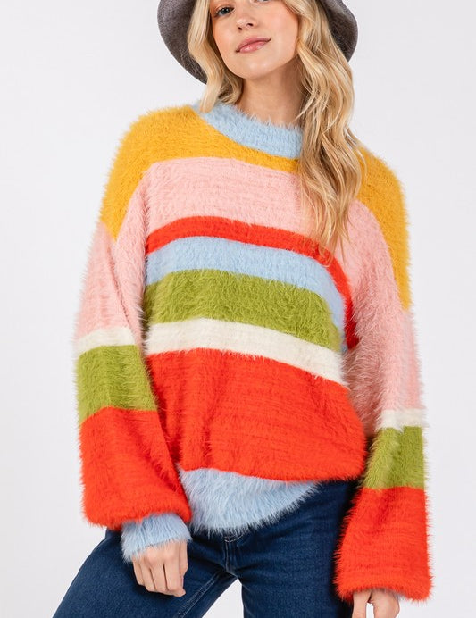 SAGE + FIG Color Block Round Neck Dropped Shoulder Sweater Multicolor