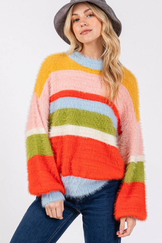 SAGE + FIG Color Block Round Neck Dropped Shoulder Sweater Multicolor L