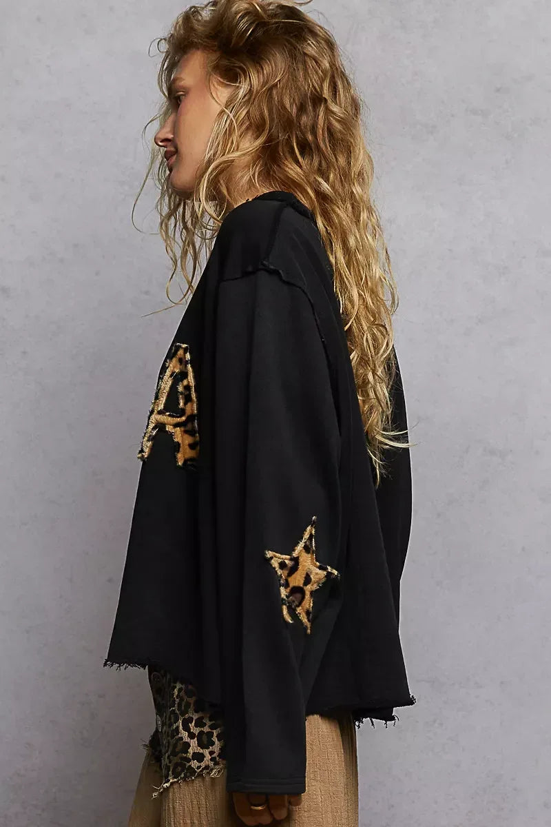 POL Round Neck Long Sleeve French Terry Sweatshirt with USA Letter Animal Patch - DAVERRI FASHIONS