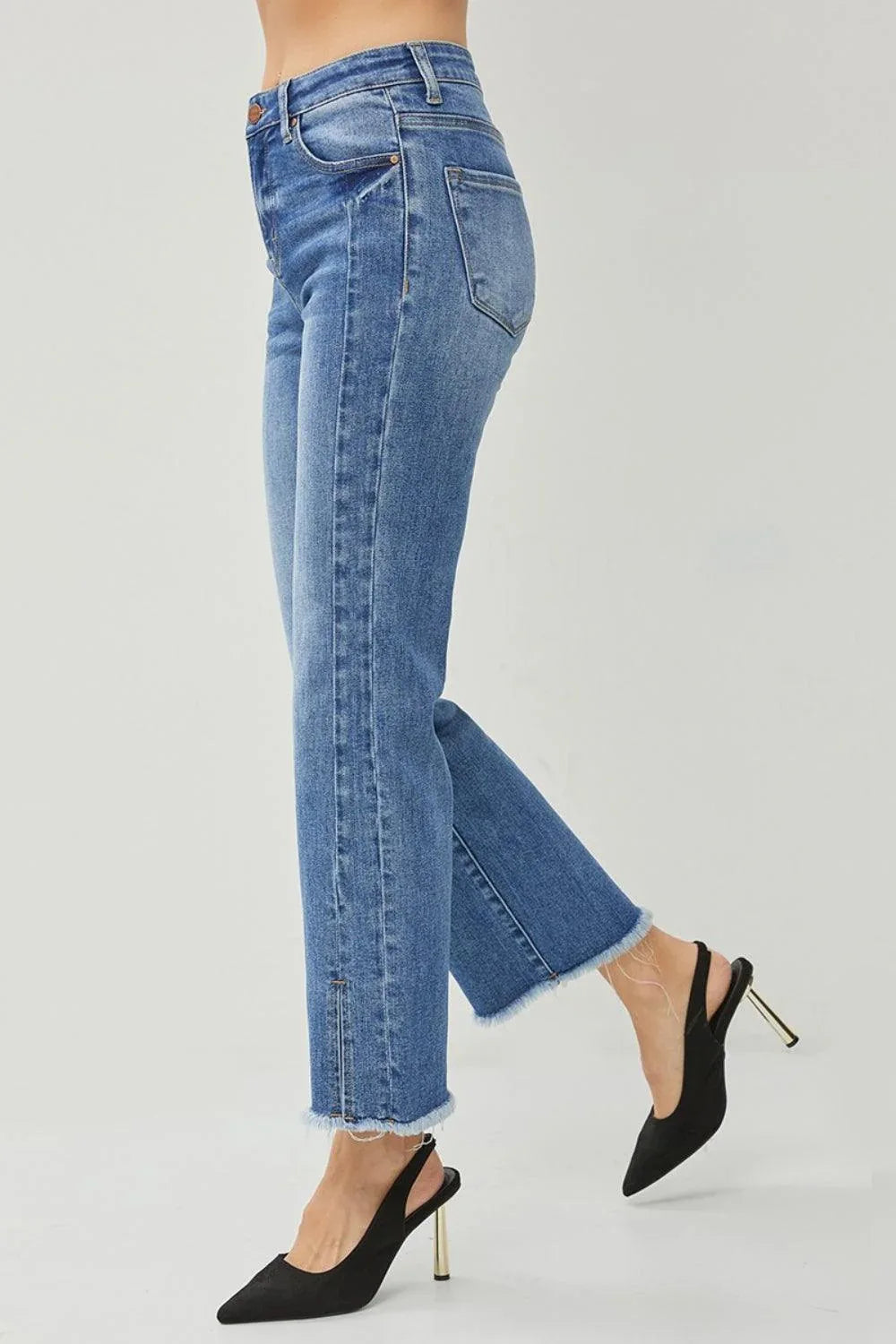 RISEN High Waist Raw Hem Slit Straight Jeans - DAVERRI FASHIONS