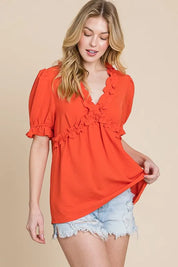 Lime 'N' Chili Solid Ruffled Deep V-Neck Puff Sleeve Babydoll Top | Tops Daverri Fashions