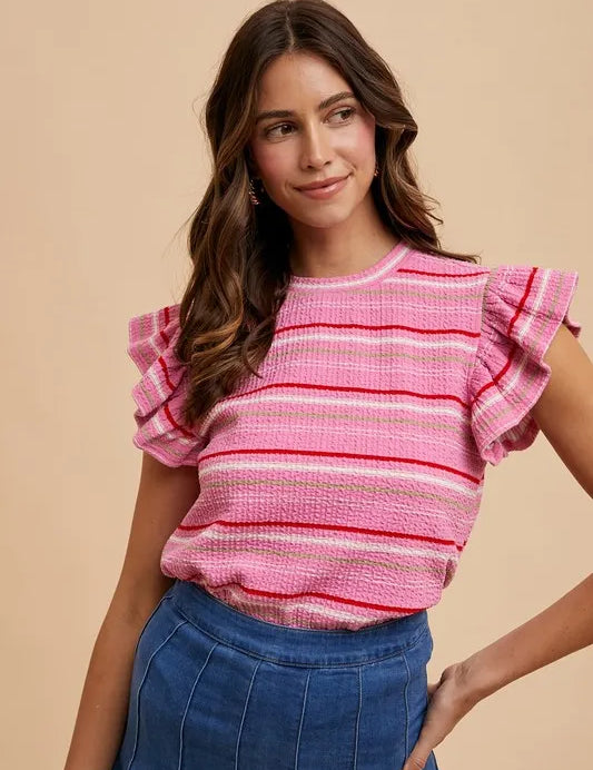 Annie Wear Multi Stripe Ruffle Sleeve Textured Knit Top | Tops Daverri Fashions