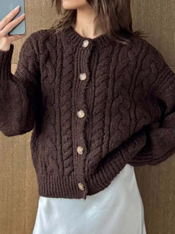 Cable Knit Button-Down Cardigan - DAVERRI FASHIONS