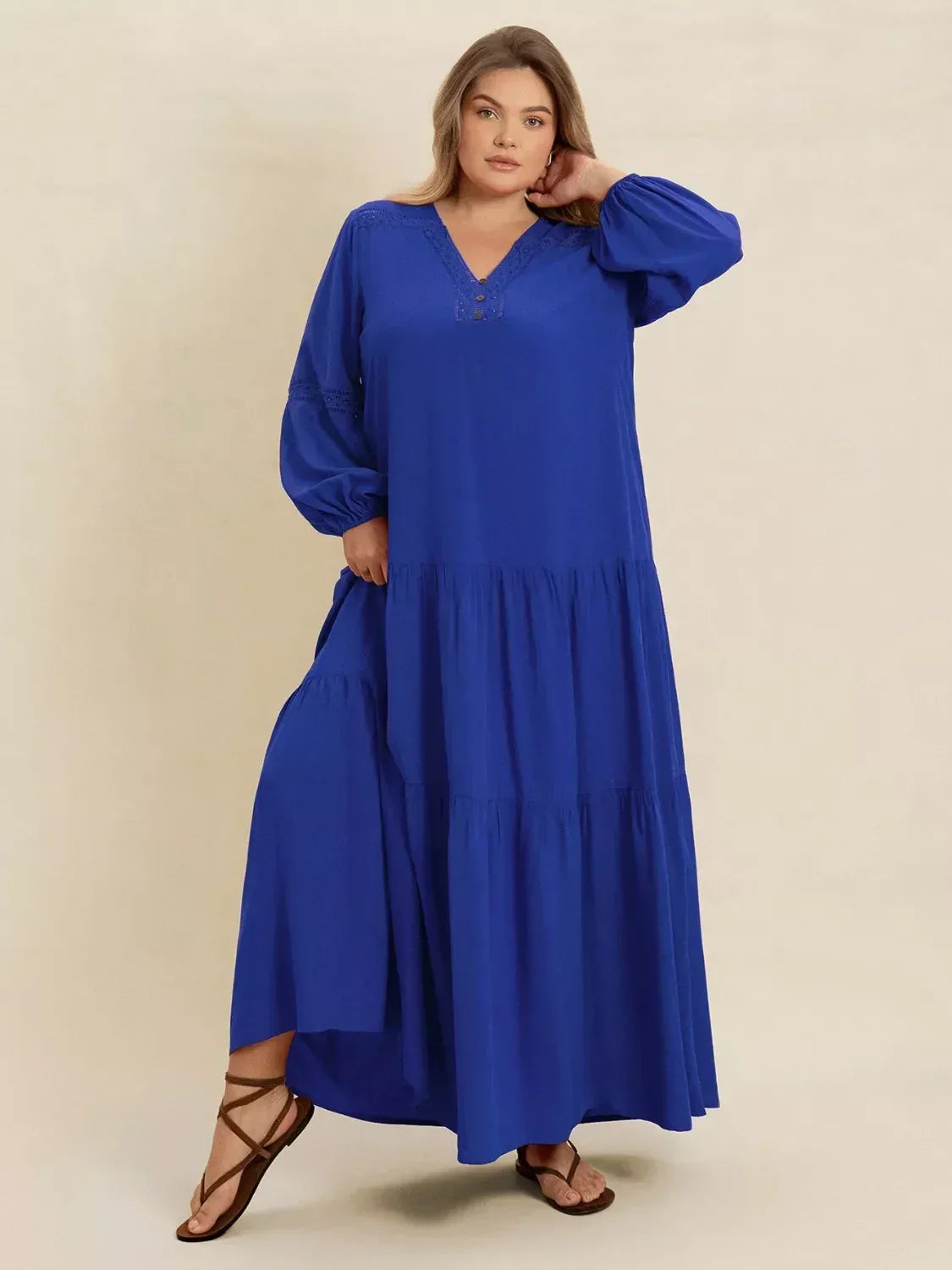 Plus Size Bohemian Tiered Maxi Dress with Balloon Sleeves - DAVERRI FASHIONS