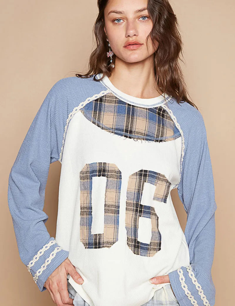 Light Blue POL Plaid Number 06 Raglan Sleeve T-Shirt | T-Shirts Daverri Fashions